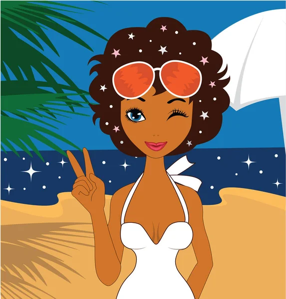 Woman White Bathing Suit Sunglasses Beach — Stock Vector