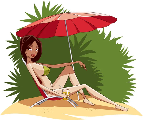 Kobieta Stroju Kąpielowym Leżąca Plaży Parasolem — Wektor stockowy