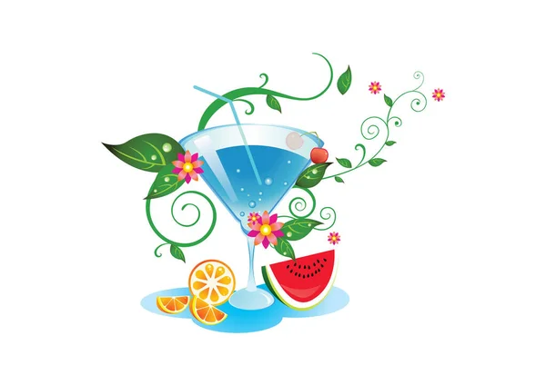 Ein Cocktailglas Mit Einer Scheibe Wassermelone Und Einer Blume — Stockvektor