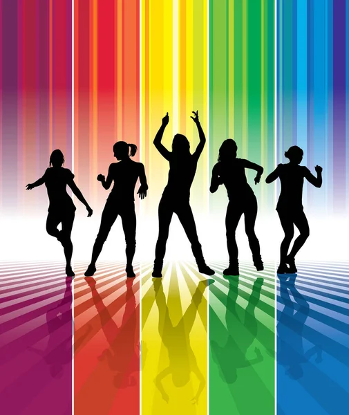 Een Groep Mensen Dansend Voor Een Regenboog Achtergrond — Stockvector