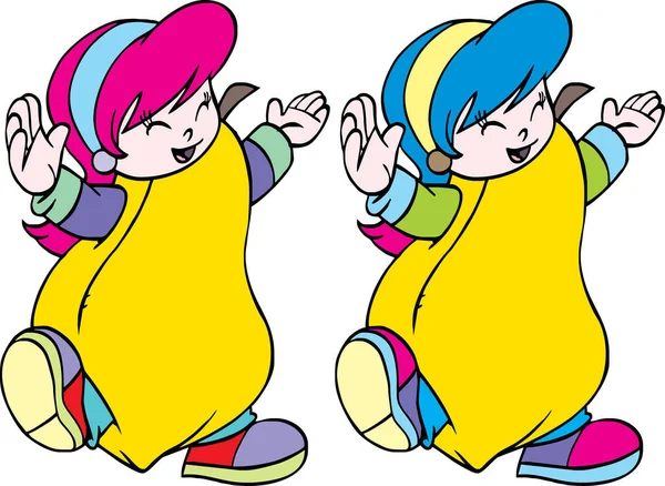 Dois Desenhos Animados Meninas Com Chapéus Amarelos Roxos — Vetor de Stock
