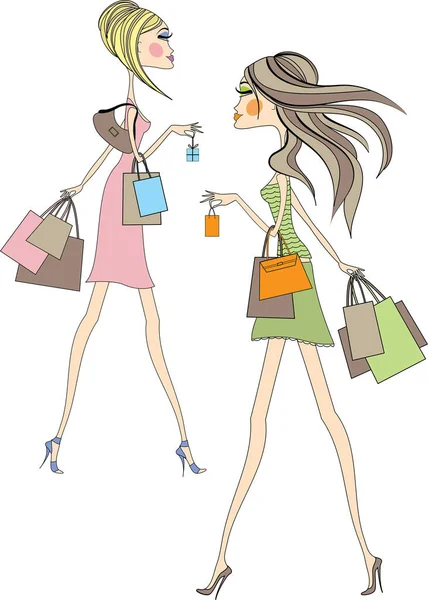 Ilustracja Dwoma Pięknymi Kobietami Torbami Zakupy — Wektor stockowy