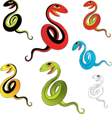 Beyaz arkaplanda izole edilmiş renkli yılanlar.