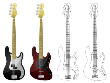 Beyaz arka planda izole edilmiş farklı elektro gitarlar.