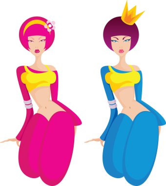 Farklı kostümler giyen iki kız, vektör çizimi