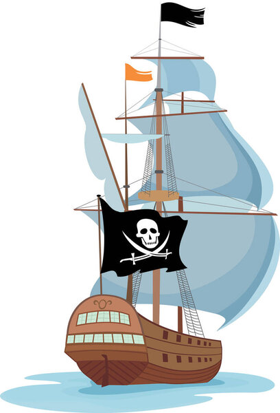 vector illustration of cartoon pirate ship on the background of the sea