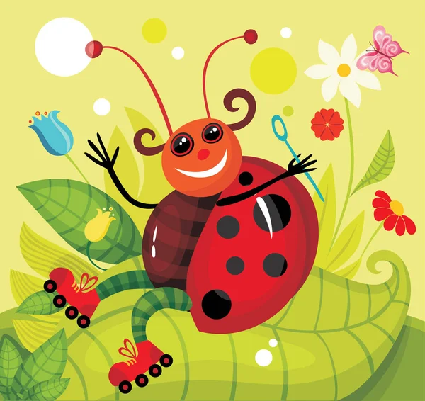 Vektor Roztomilé Kreslené Ladybug Zelené Trávě — Stockový vektor
