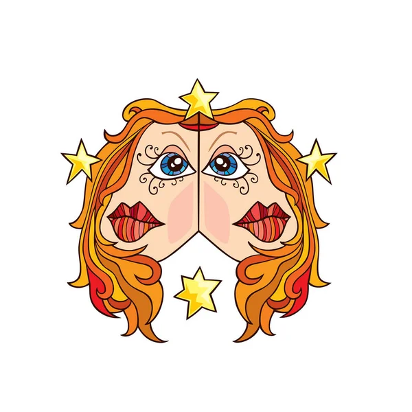 Vetor Desenhado Mão Ilustração Mulher Com Lábios Vermelhos Estrelas — Vetor de Stock