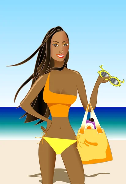 Kvinna Med Solglasögon Sandstrand Vektor Illustration — Stock vektor