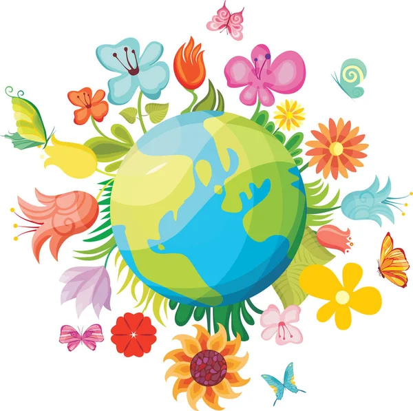 Vector Illustration Colorful Spring Summer Flowers Earth Globe Cute Cartoon — Stock Vector