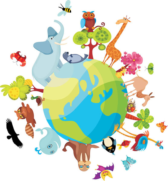 vector illustration, earth globe with birds and animals