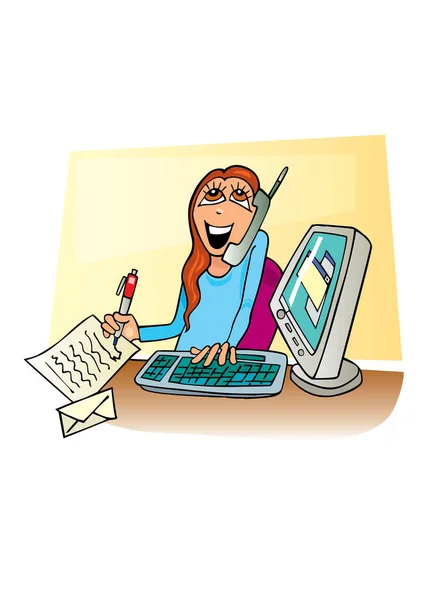 Illustration Einer Frau Mit Computer — Stockvektor