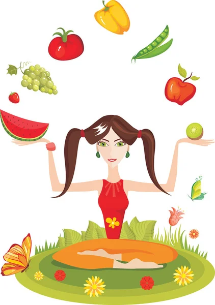 Mulher Malabarismo Com Frutas Vegetais — Vetor de Stock