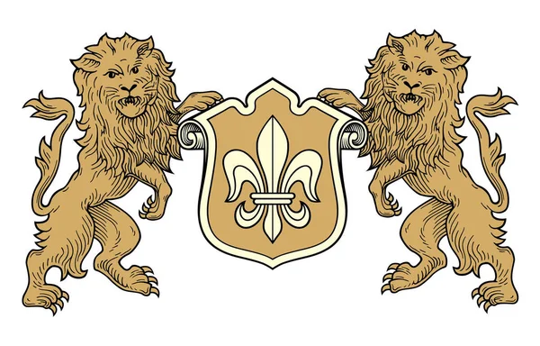 腕と王冠を持つライオンが付いているヘラルドのアイコン ヘラルディック コート — ストックベクタ