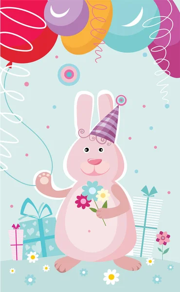 Cute Rabbit Ballons Birthday Card — Stock Vector