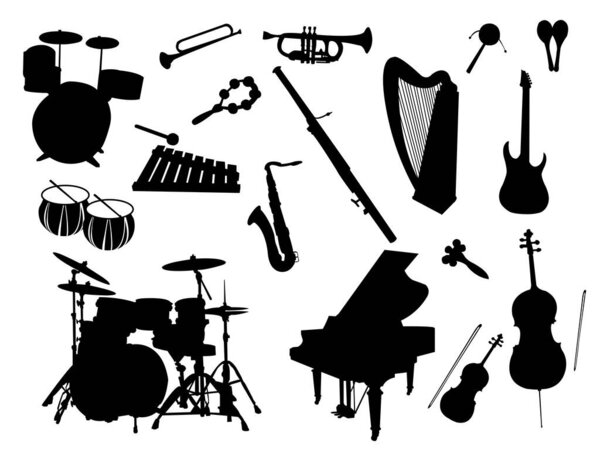 set of music instruments on white background