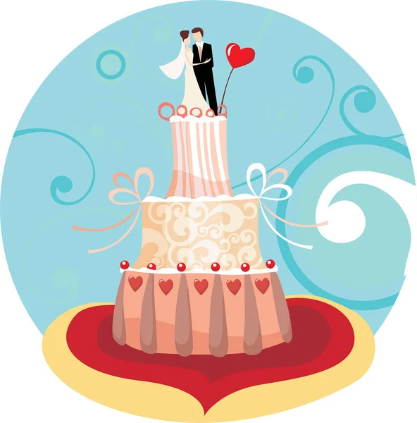 Vektor Illusztráció Menyasszony Vőlegény Tetején Esküvői Torta — Stock Vector