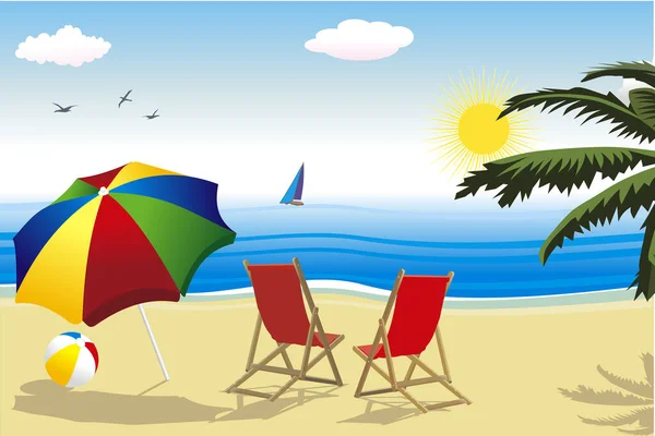 Pláž Letní Pozadí Roztomilé Kreslené Ilustrace — Stockový vektor