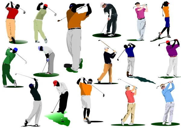 Sada Ilustrací Golfistů Izolovaných Bílém — Stockový vektor