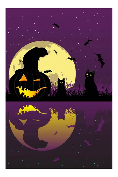 Noche Halloween Con Luna Gatos Ilustración Vectorial — Vector de stock