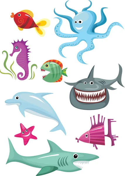 Cartone Animato Animali Marini Icone Set — Vettoriale Stock