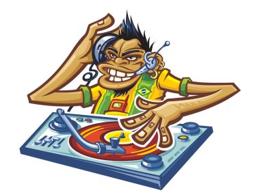 Kulaklık ve müzik ekipmanıyla DJ çalar. çizgi film vektör illüstrasyonu.