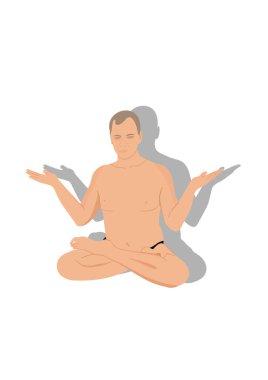 Genç adam nilüfer çiçeğinde oturuyor ve beyaz bir arka plan üzerinde meditasyon yapıyor..
