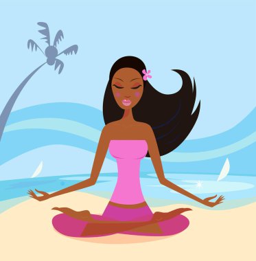Sahilde meditasyon yapan güzel bir kadın.
