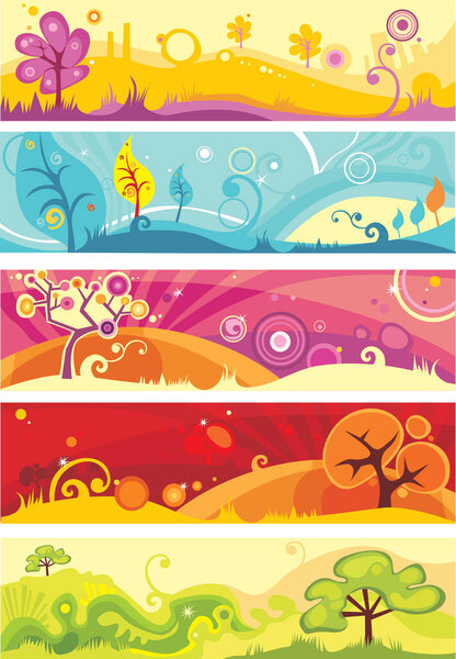 set of colorful banners with trees, vector