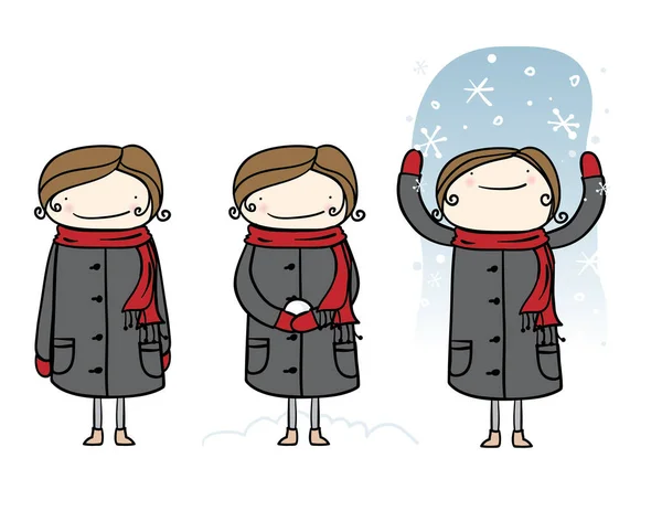 冬の服で幸せな女の子 イラストのセット — ストックベクタ