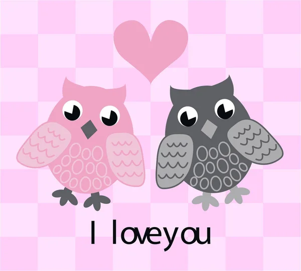 かわいいフクロウの鳥のセット バレンタインデーカード — ストックベクタ