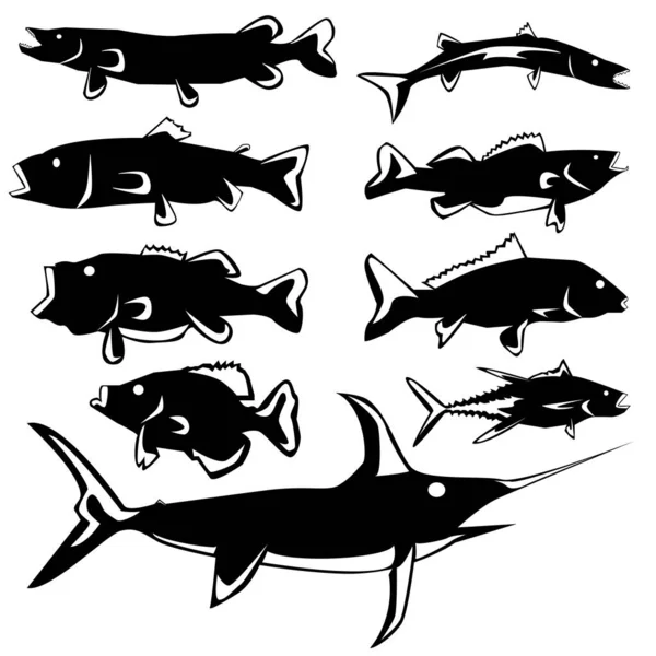 Black Fish Silhouettes Set Isolated White Background — Stock Vector