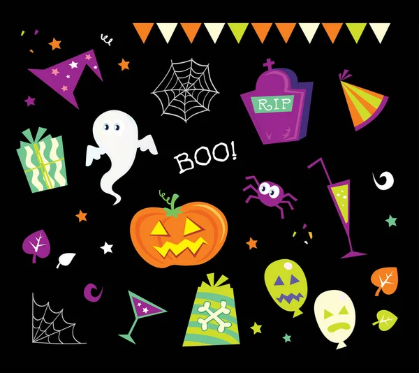 Glückliche Halloween Grußkarten Symbole — Stockvektor
