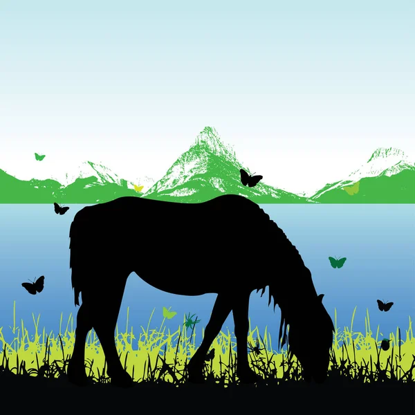 Dağlardaki Yeşil Arka Plandaki Bir Atın Vektör Çizimi — Stok Vektör