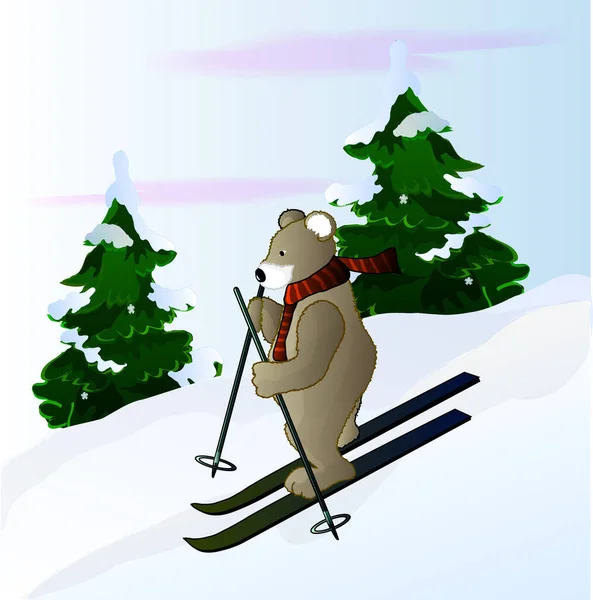 Ведмідь Лижами Взимку — стоковий вектор