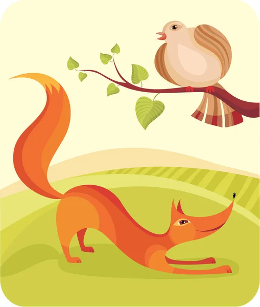 Vector Illustration Cute Cartoon Fox Bird Forest — Stock Vector