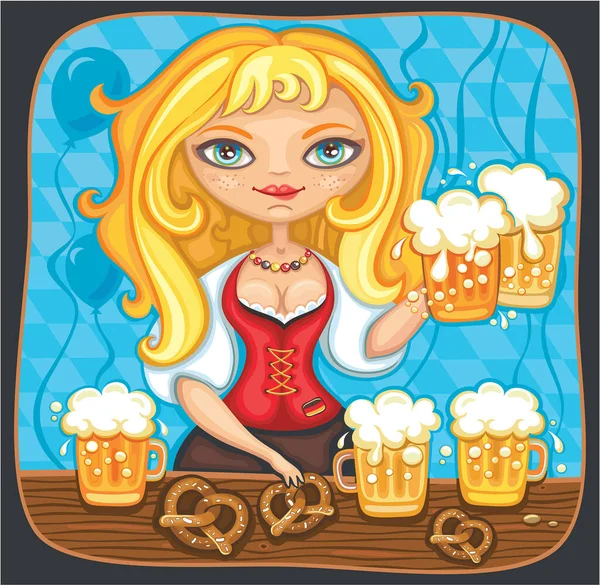 Bière Oktoberfest Avec Illustration Vectorielle Femme — Image vectorielle