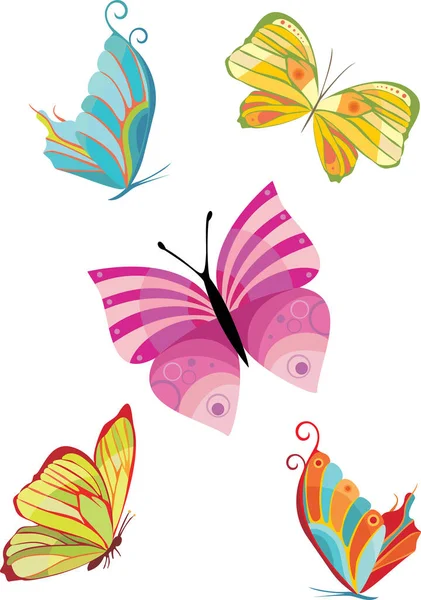 Uppsättning Färgglada Fjärilar Isolerad Vit Bakgrund Vektor Illustration — Stock vektor