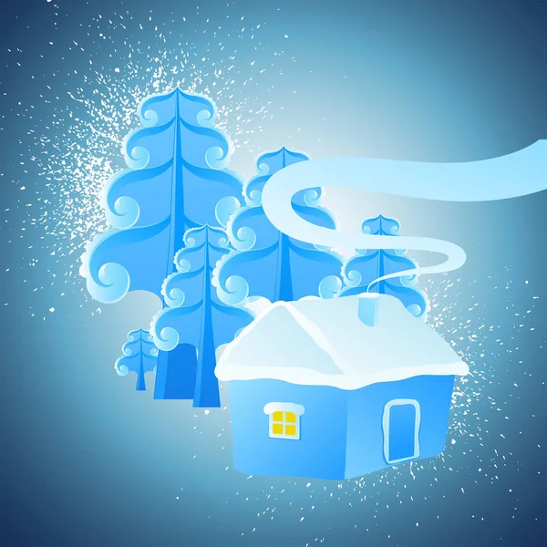 Abstrato Paisagem Inverno Com Neve Árvore Natal Flocos Neve Casa — Vetor de Stock