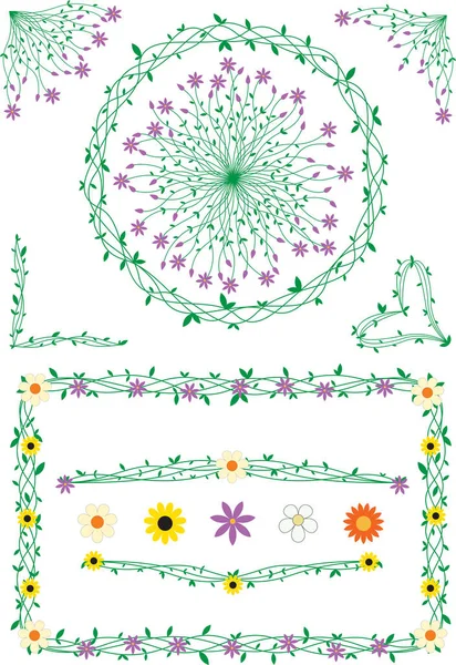 Ensemble Éléments Design Floral Fleurs Feuilles — Image vectorielle