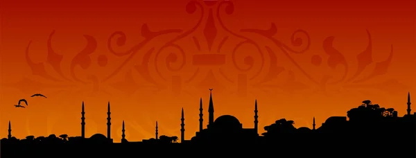 Silhouet Van Arabisch Stad Skyline Islamitische Wenskaart Achtergrond Voor Ramadan — Stockvector