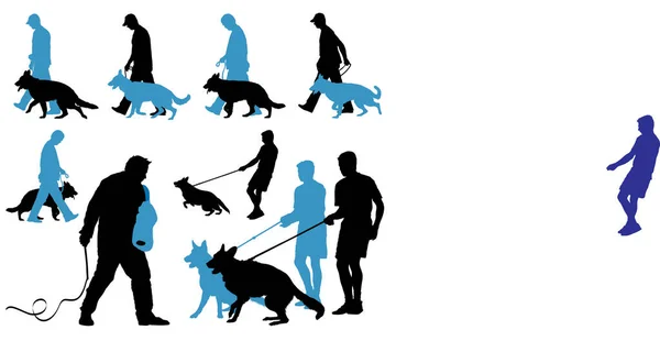 Set Icons Human Silhouette Walking Dog — Stock Vector