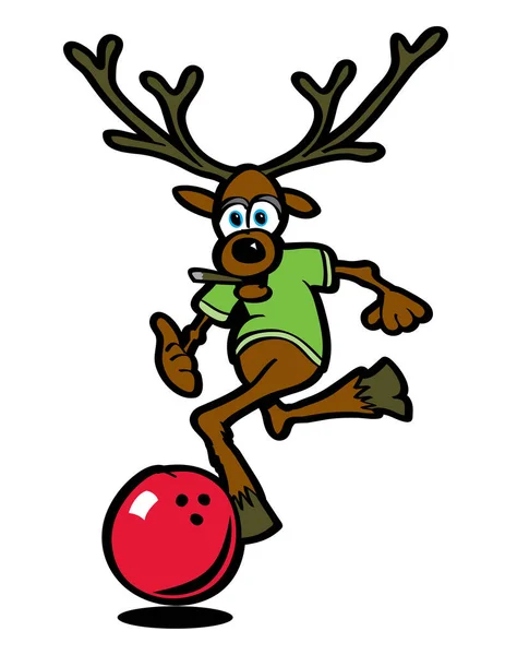 Illustration Dessin Animé Cerf Noël Avec Boule Bowling — Image vectorielle