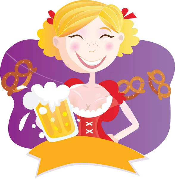 Abbildung Eines Mädchens Mit Brezel Und Bier Auf Weißem Hintergrund — Stockvektor
