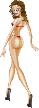 Beyaz arka planda kırmızı mayo giyen seksi bir kızın resmi.