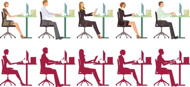 Ofis vektör çizimlerinde çalışan iş kadınları ve erkekler