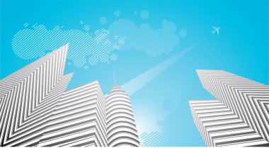 Gökdelenler, bulutlar ve düzlem ile soyut arkaplan