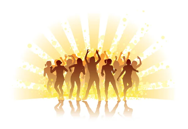 Ομάδα Ανθρώπων Που Χορεύουν Τον Ήλιο Στο Βάθος — Διανυσματικό Αρχείο