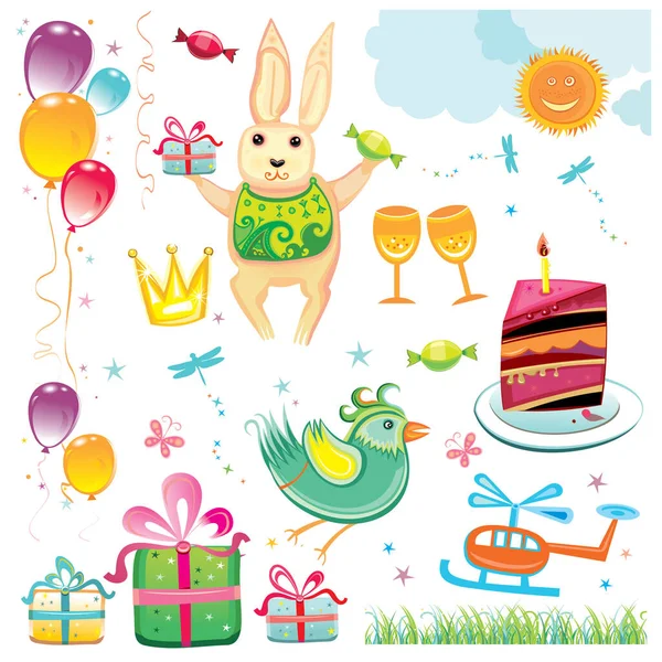 Birthday Card Set Cute Animals Gifts Balloons — Stock Vector