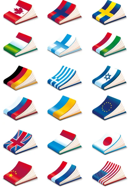 Conjunto Vetorial Livros Com Diferentes Bandeiras Nacionais Mundo —  Vetores de Stock